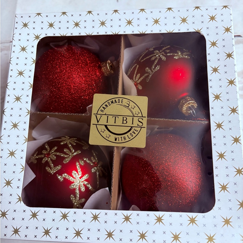 Vitbis Red and Gold Holiday Ornament Set of 4